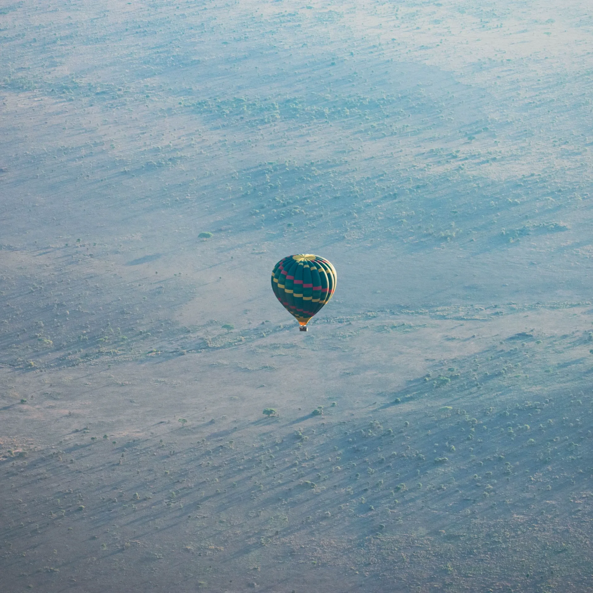 A hot-air balloon floating above the Serengeti plains